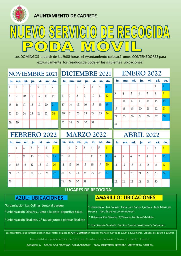 Calendario de recogida de PODA 2021-2022